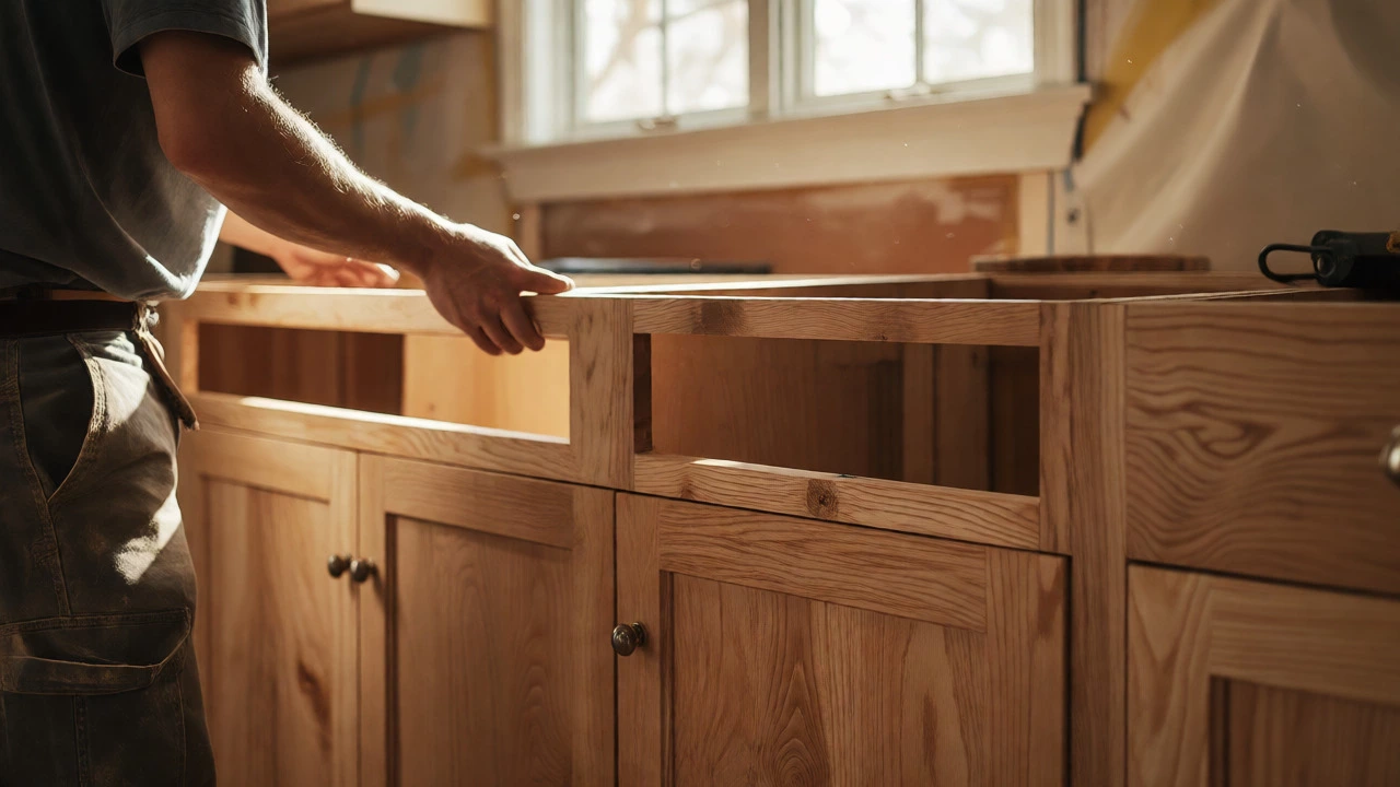 Carpenter installing detailed semi-custom wooden cabinets in a sunlit kitchen under renovation.
