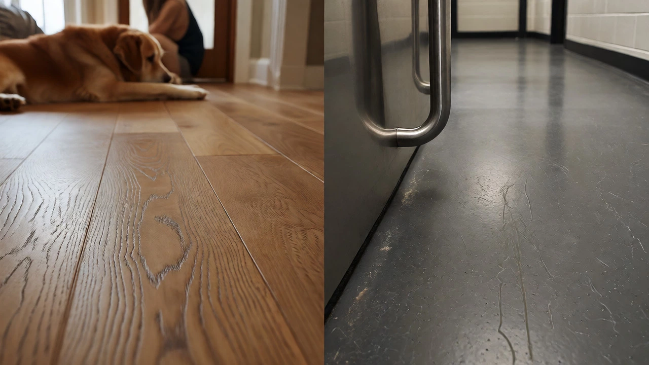Close-up comparison of residential hardwood flooring and durable commercial vinyl flooring.