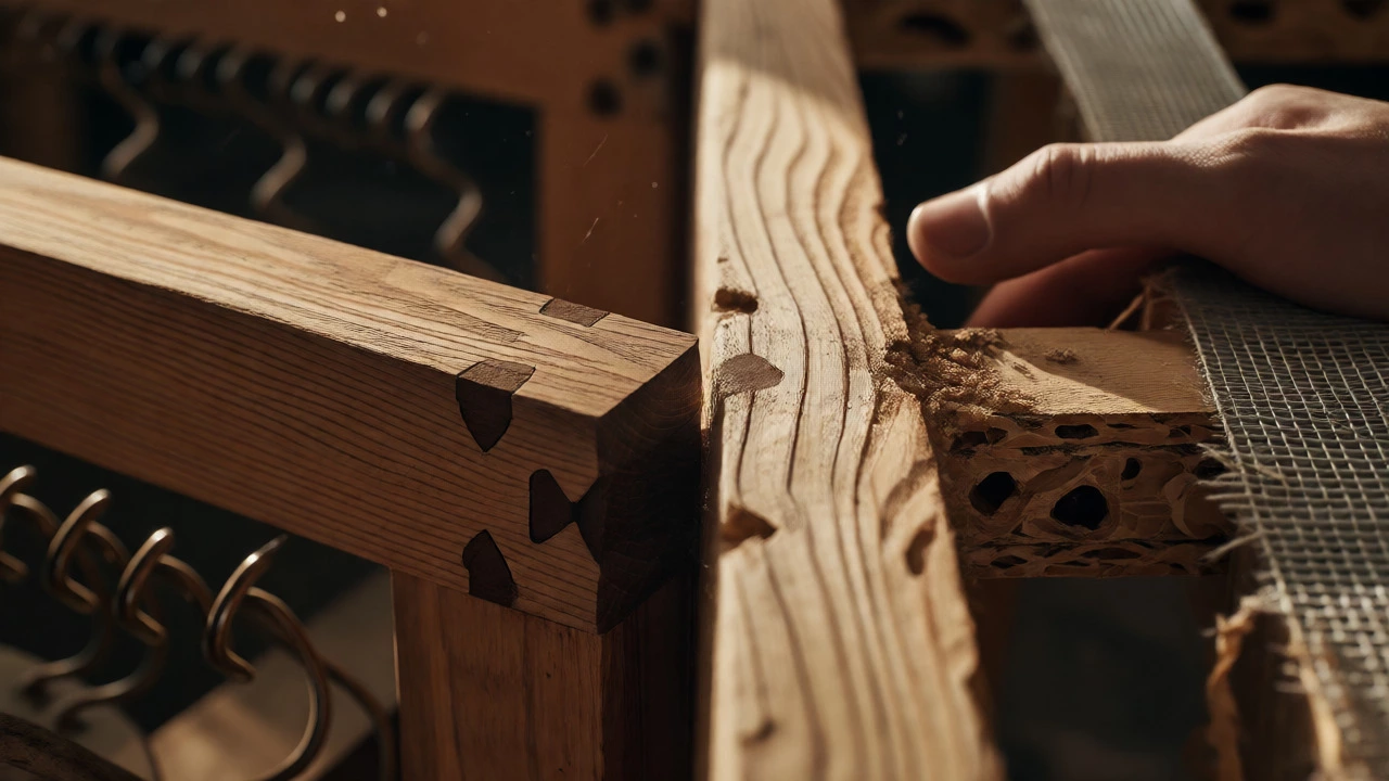 Close-up inspection of a sofa frame showing solid wood versus particleboard construction.
