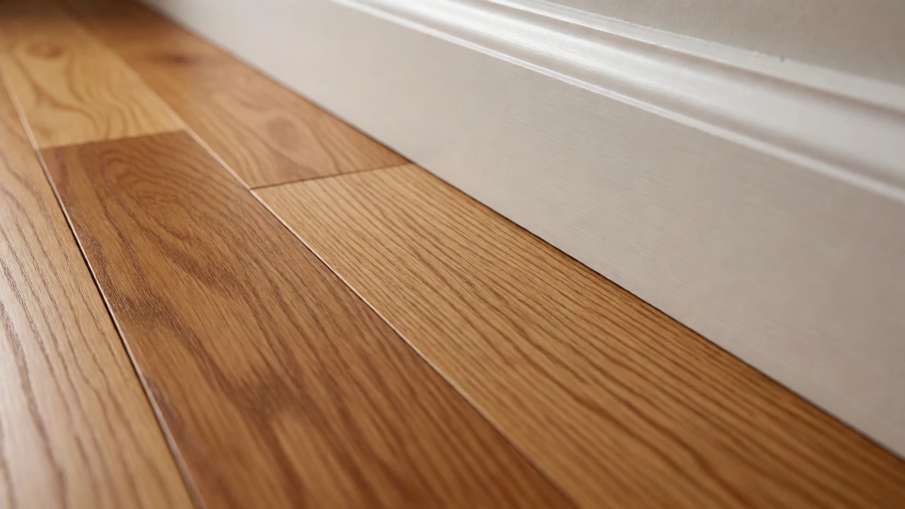 Close-up of perfectly aligned engineered hardwood flooring meeting a baseboard