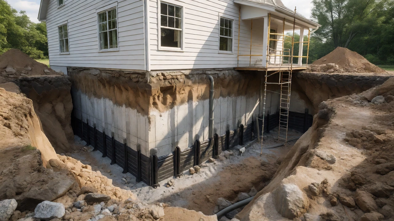 Full basement excavation exposing foundation walls and drainage systems