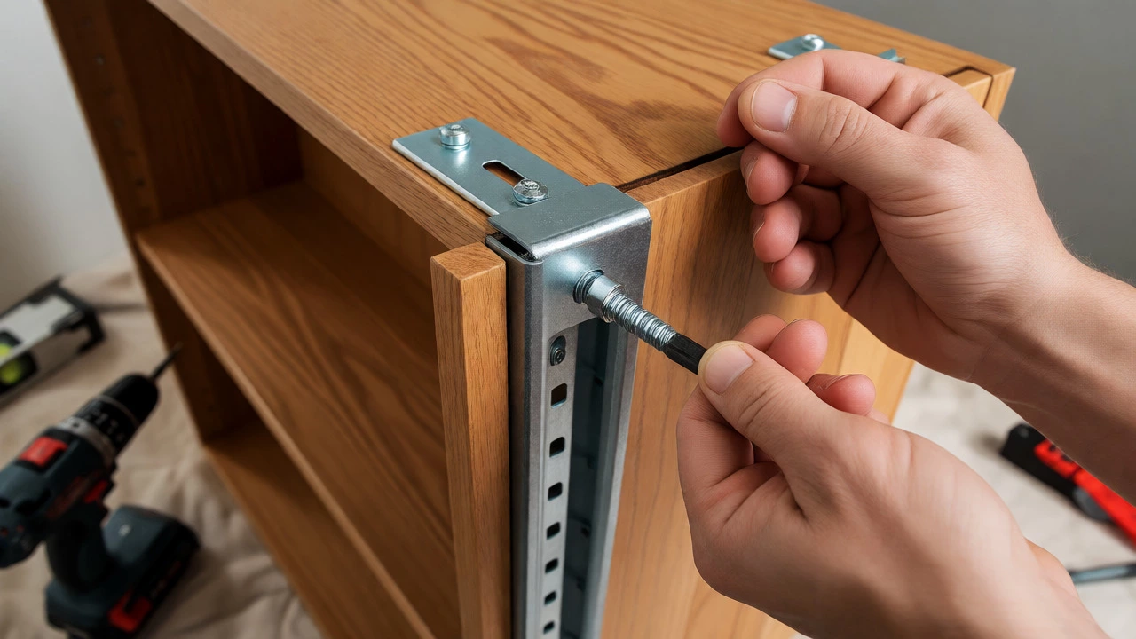Hands installing metal L-bracket anchor on bookcase top