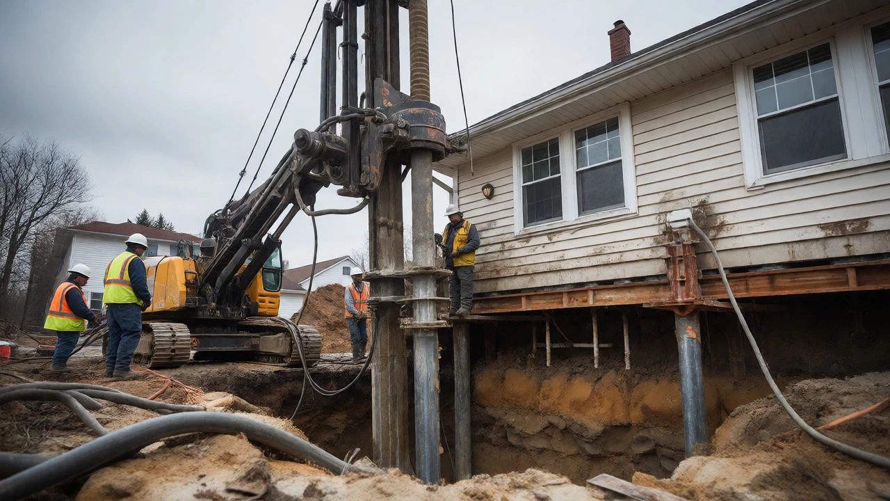 Heavy machinery installing steel push piers for foundation underpinning