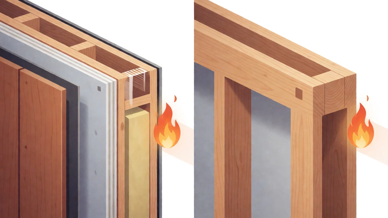 Illustration comparing layered fire-resistant Type VA walls with bare wood Type VB structures.