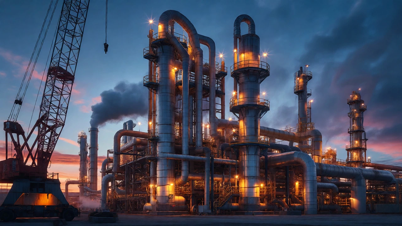 Industrial oil refinery complex with cranes at twilight