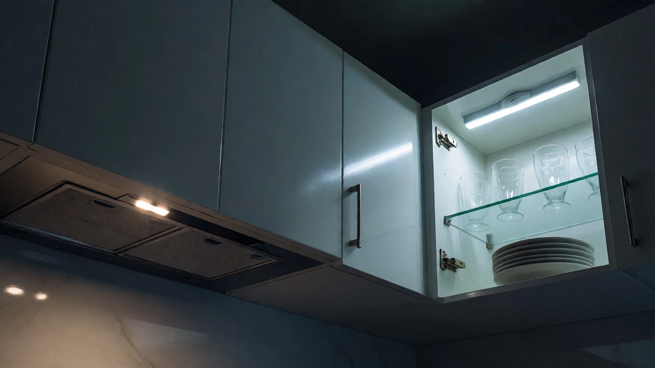 Kitchen cabinet with LED lighting away from stove