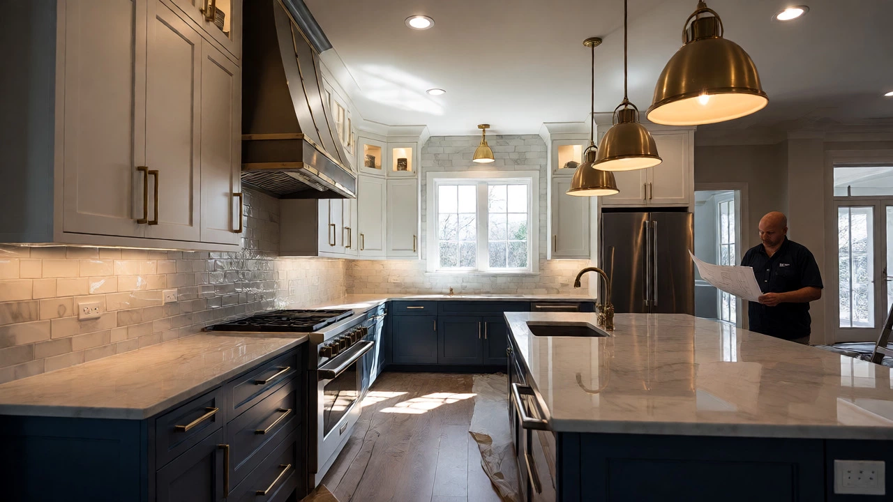 Luxury high-end kitchen with premium appliances and custom lighting nearing completion.
