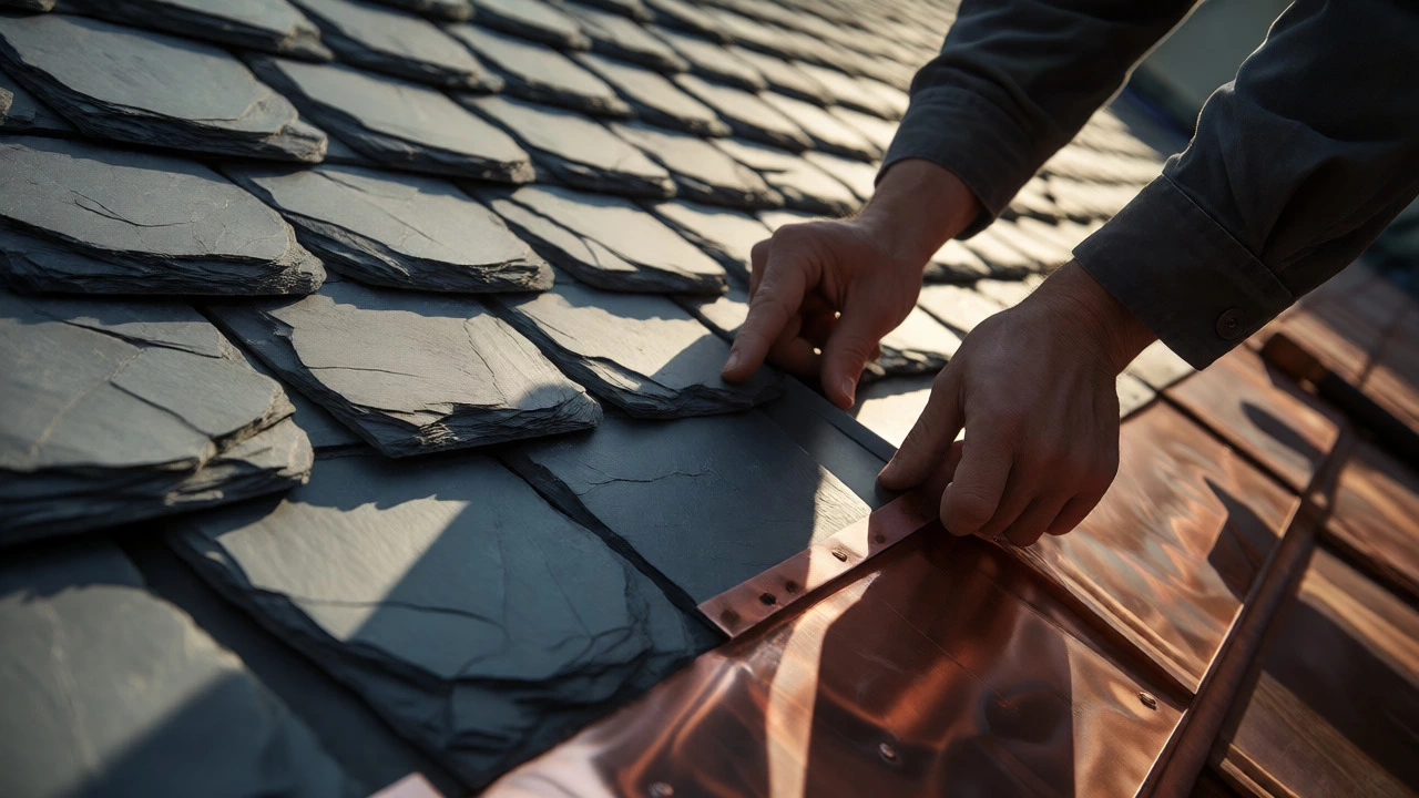 Master roofer installing slate tiles and copper flashing on a detailed roof section.