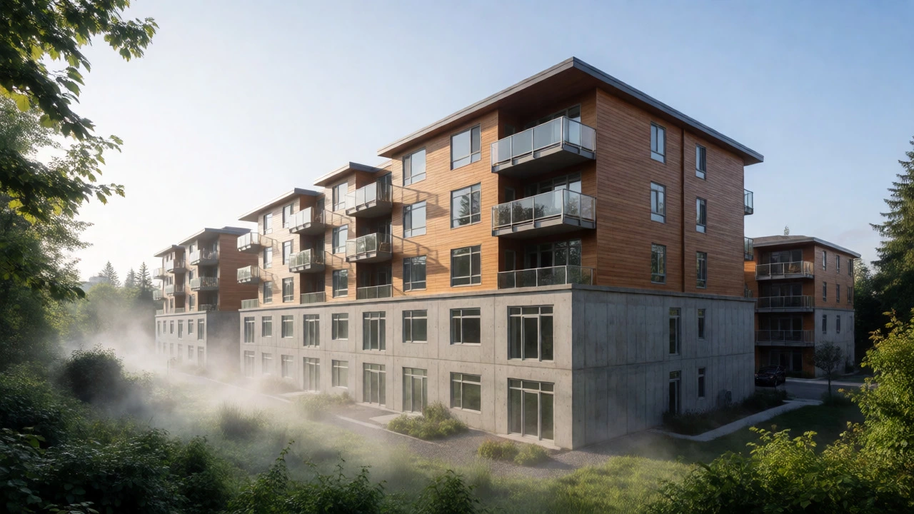 Modern building with concrete podium and wood-framed upper floors illustrating hybrid construction types.