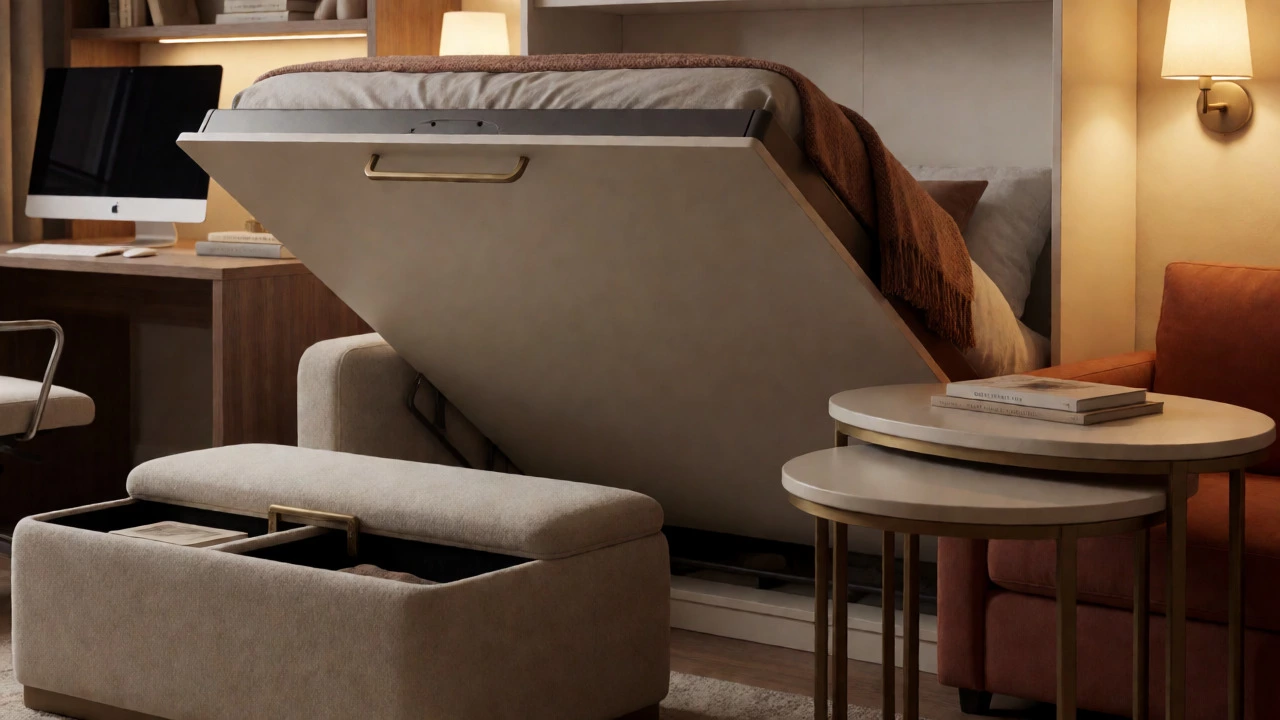Multi-functional ottoman and wall-mounted bed in a compact studio
