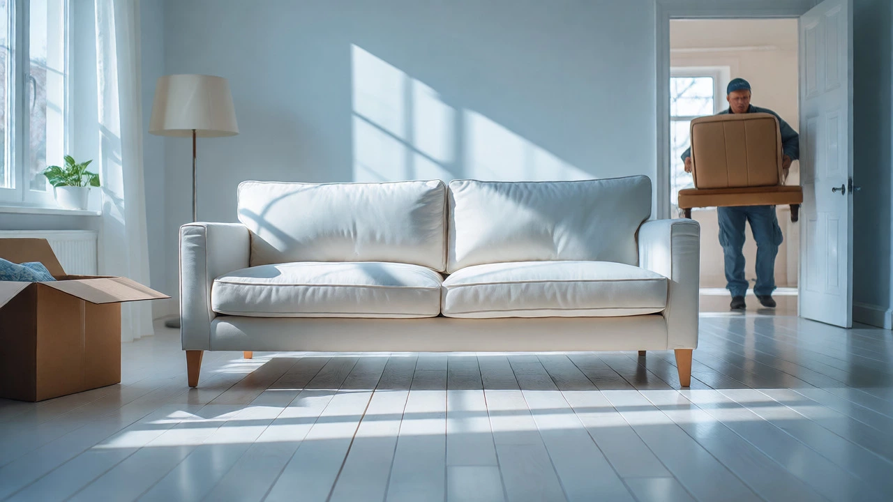 Newly upholstered sofa being delivered into a bright, clean living room replacing old furniture.
