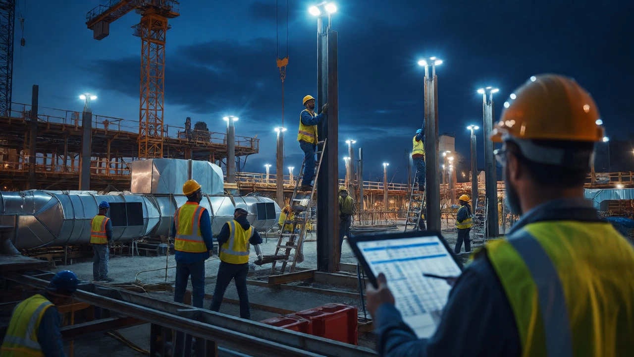 Nighttime commercial construction site with workers installing steel structures under floodlights.