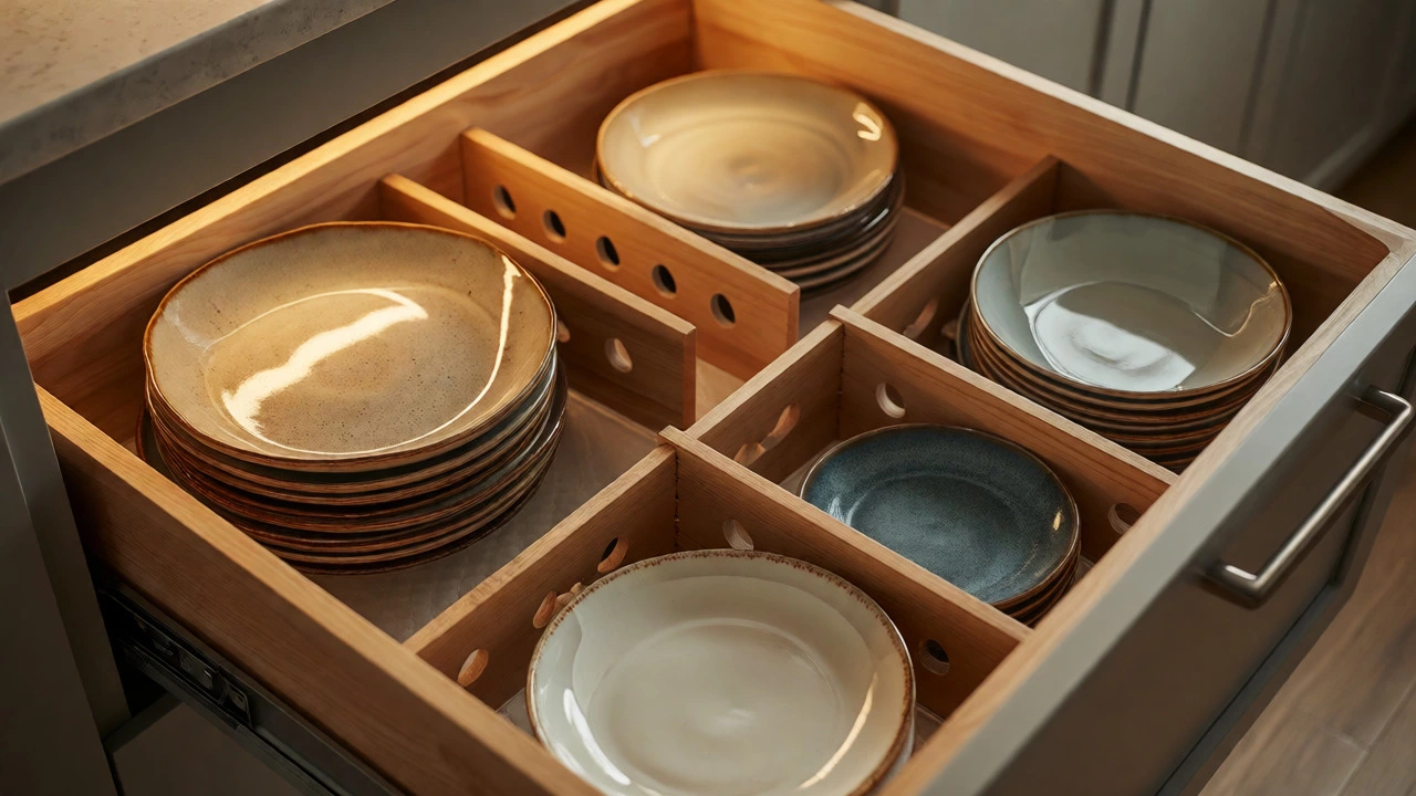 Organized plates with dividers in deep lower drawer