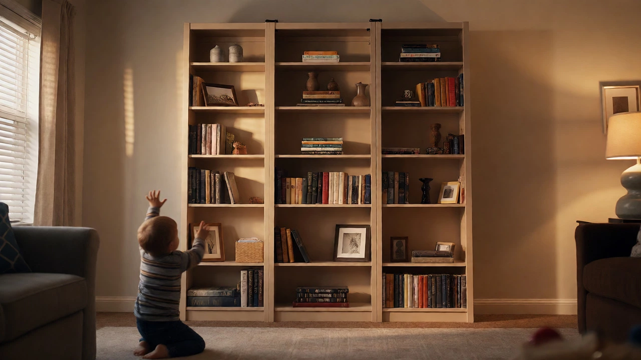 Securely anchored bookcase standing stable near playing child