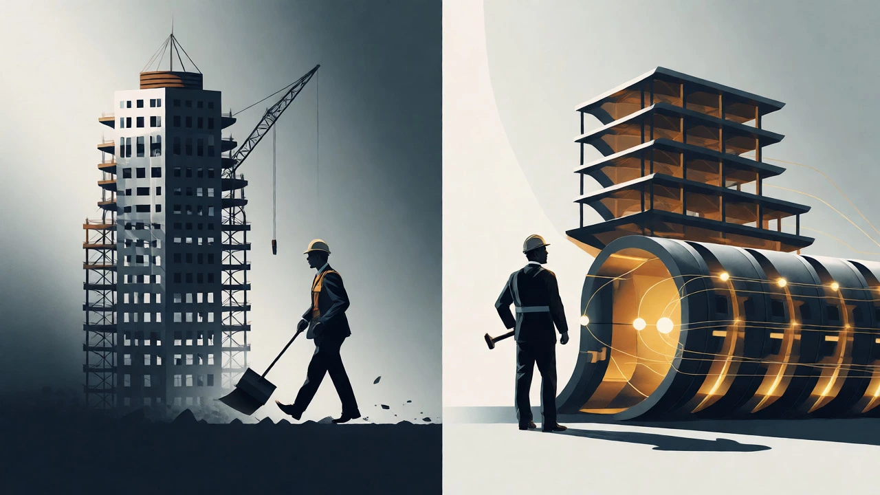 Split-screen illustration comparing construction business models