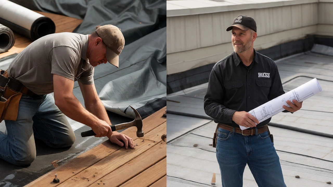 Split view showing a roofer hammering nails and a contractor reviewing blueprints.