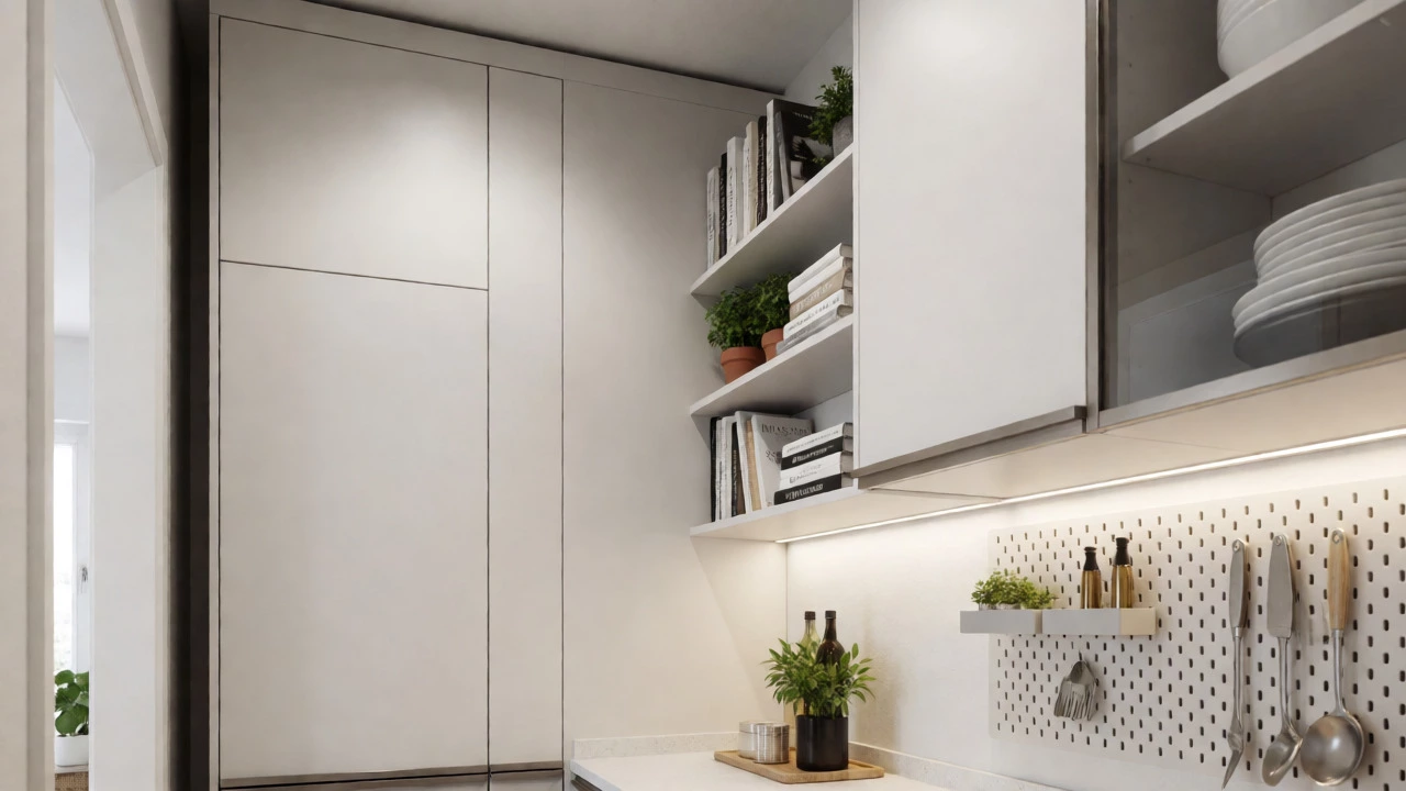 Tall white cabinets and floating shelves maximizing vertical wall space