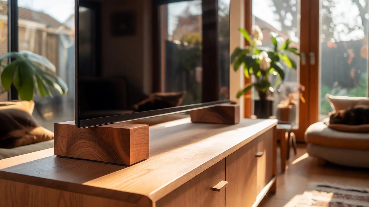 TV supported by custom wooden block legs