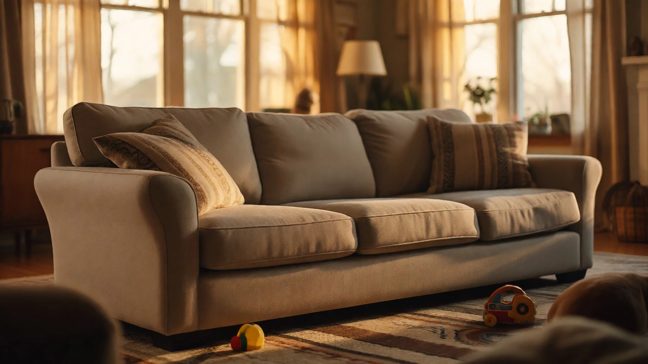 A durable mid-range sofa in a sunlit family living room with pets and toys.