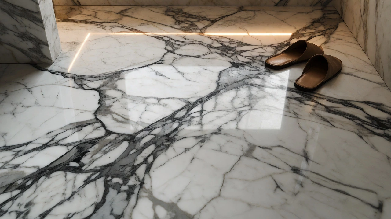 Calacatta marble flooring with dramatic veining in a high-end bathroom