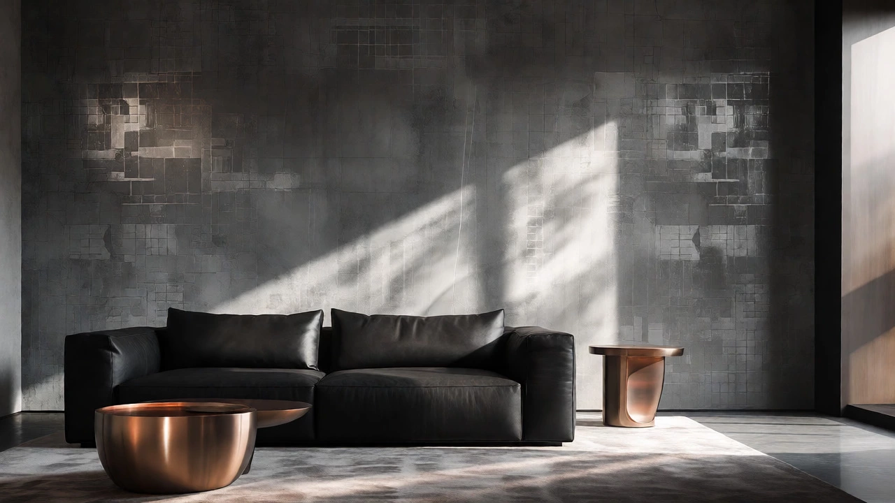 Charcoal grey textured wallpaper in a modern living room with copper furniture details.