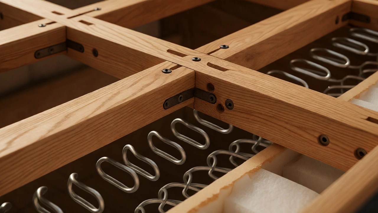 Close-up of a sofa's internal hardwood frame and sinuous spring suspension system.