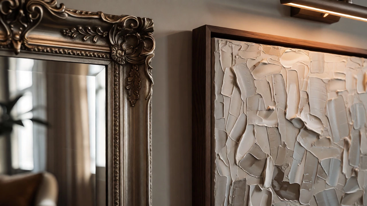 Close-up of a vintage mirror and textured painting side-by-side with consistent gap and warm picture lighting.