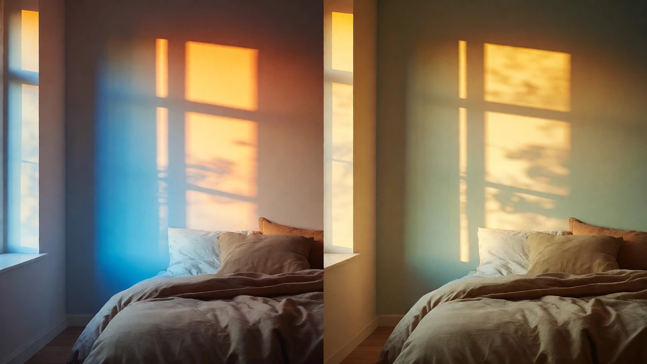 Comparison of wall colors under different natural lighting conditions in a modern bedroom