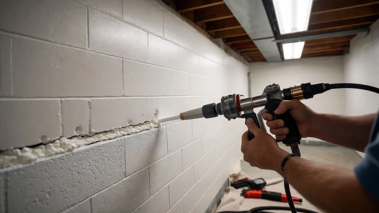 Contractor injecting foam into basement wall crack from inside