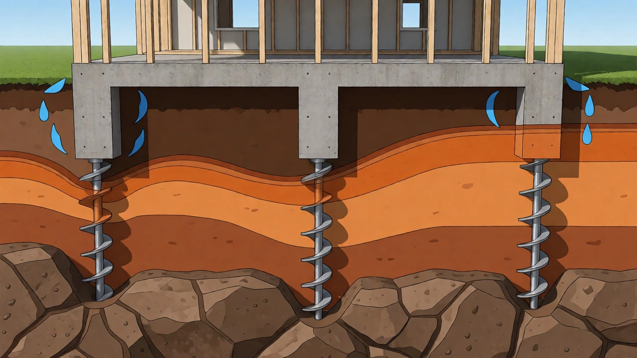 Cross-section diagram of helical piers stabilizing a house foundation