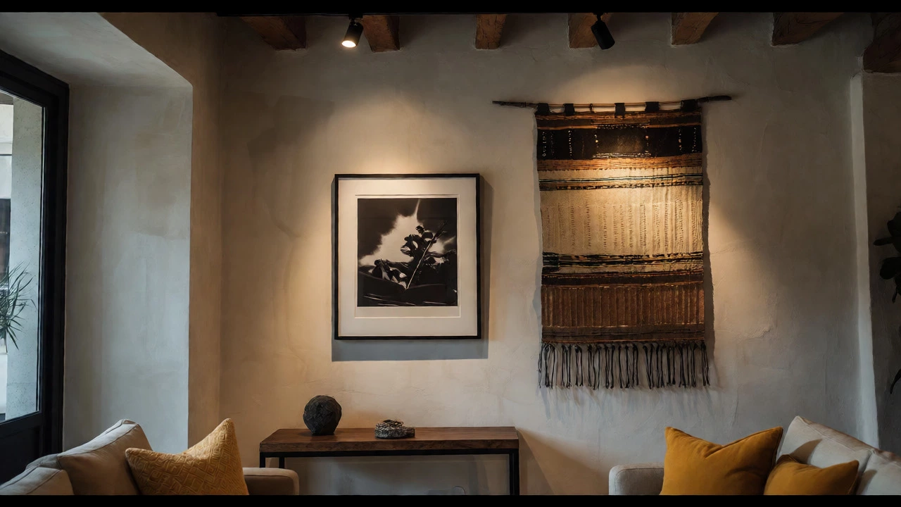 Curated gallery wall with black-and-white photo and textile tapestry illuminated by track lighting.