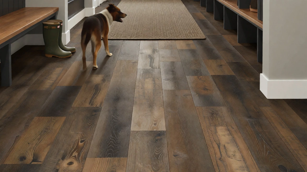 Durable luxury vinyl plank flooring in a modern mudroom with pets