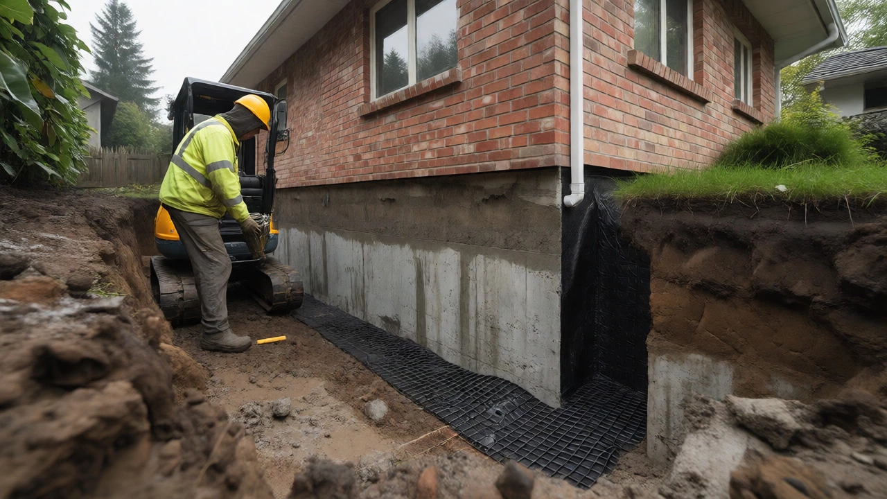 Excavator digging trench around house foundation for waterproofing