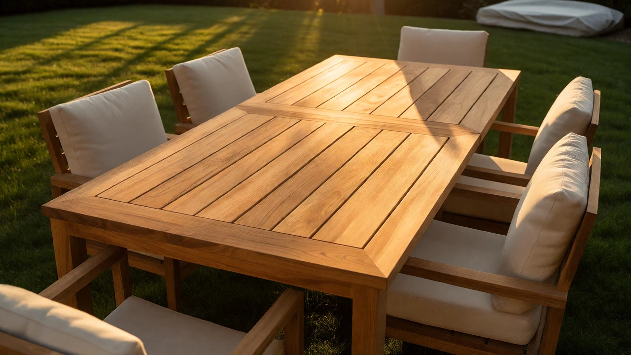Golden teak dining set with beige cushions on a green lawn