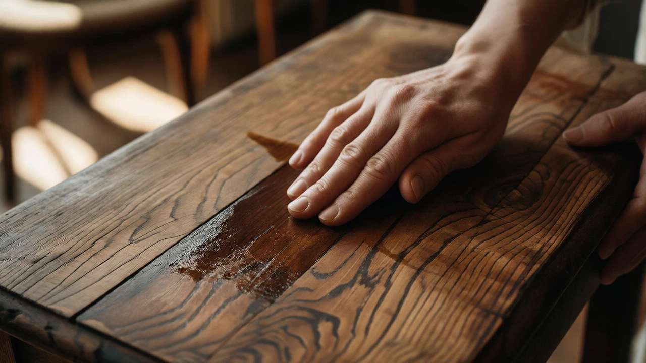 Hands polishing an antique wooden surface, highlighting natural grain and patina details.