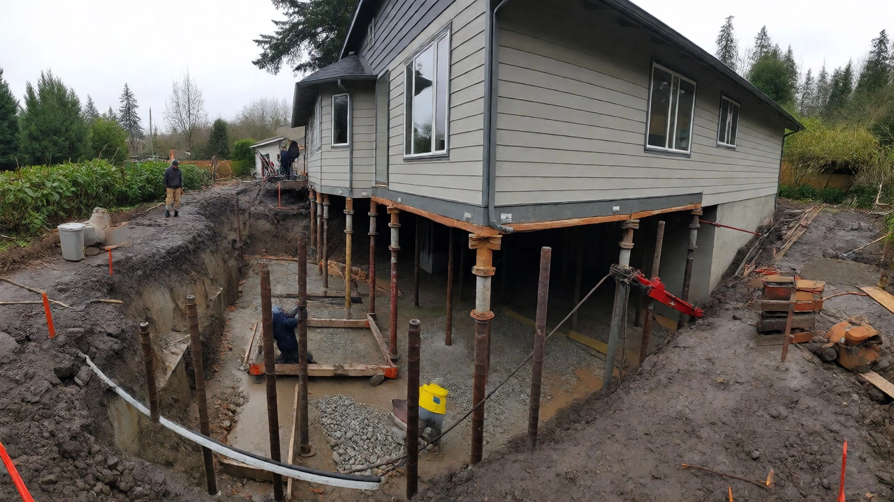 House undergoing foundation repair with steel push piers and jacks