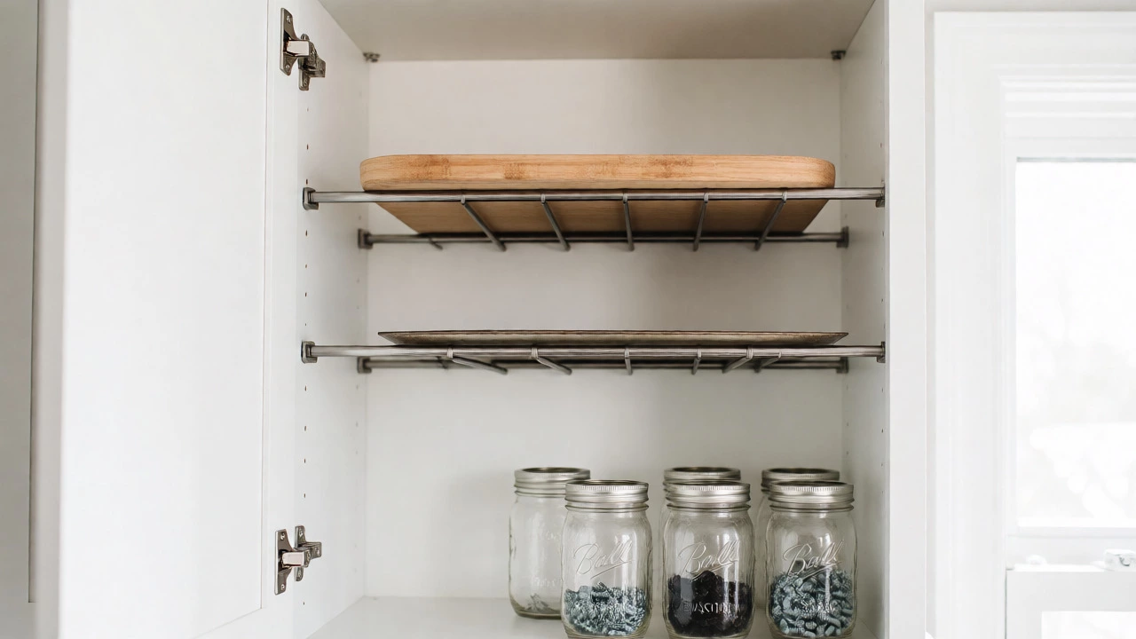 Kitchen cabinet interior with tension rods used as shelves for cutting boards.