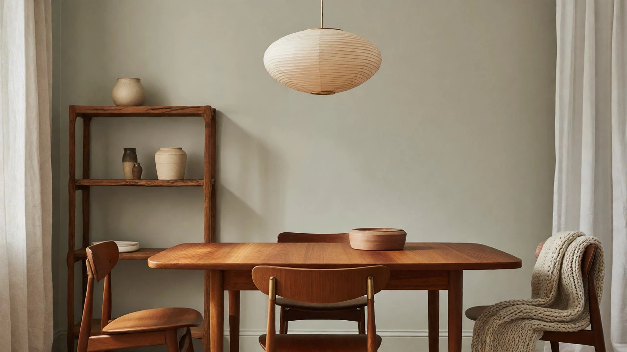 Mid-century teak dining set with brass accents against a pale sage green wall.
