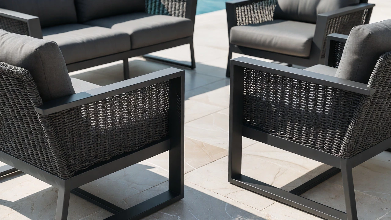 Modern aluminum and HDPE wicker furniture on a stone patio