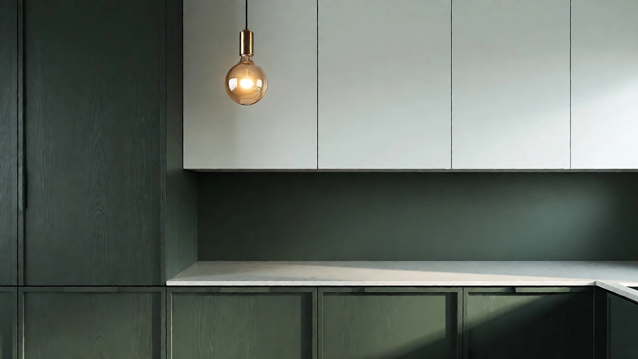 Modern kitchen with deep green lower and off-white upper cabinets under warm lighting