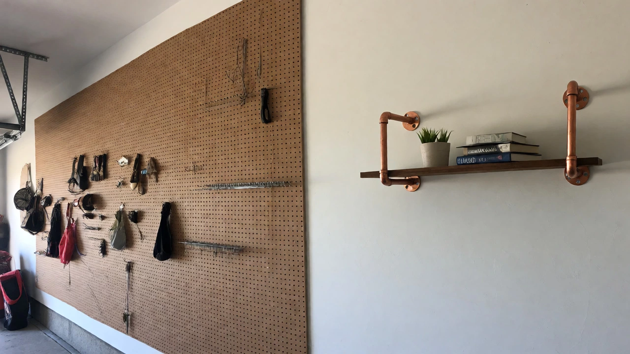 Organized garage wall with pegboard and copper pipe floating shelf.