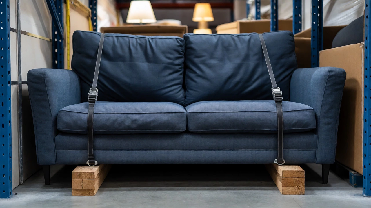 Sofa standing upright on wooden planks, secured with straps to save floor space.