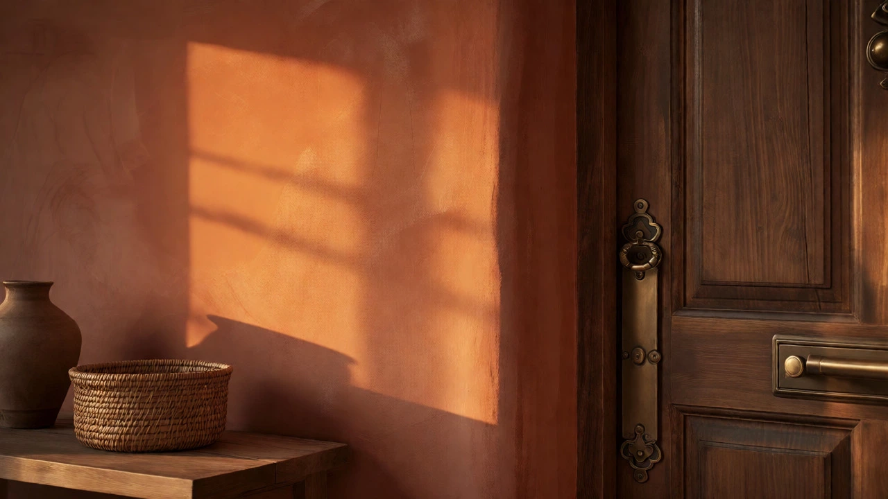 Terracotta colored entryway wall with antique brass hardware and warm lighting.