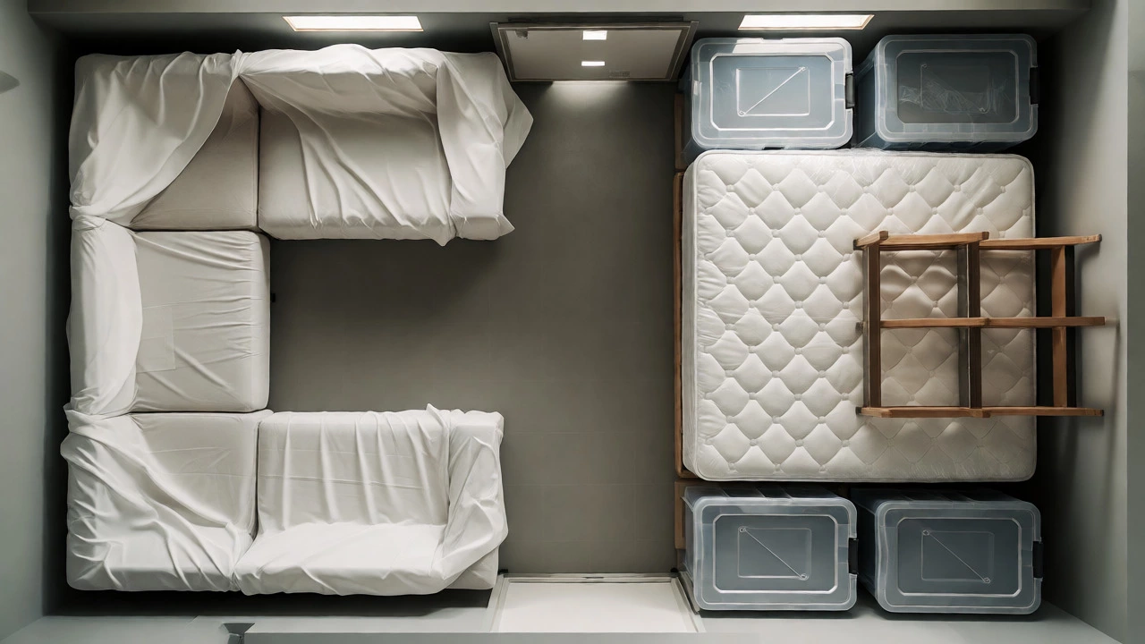 Top-down view of organized storage unit with disassembled furniture and protected items.