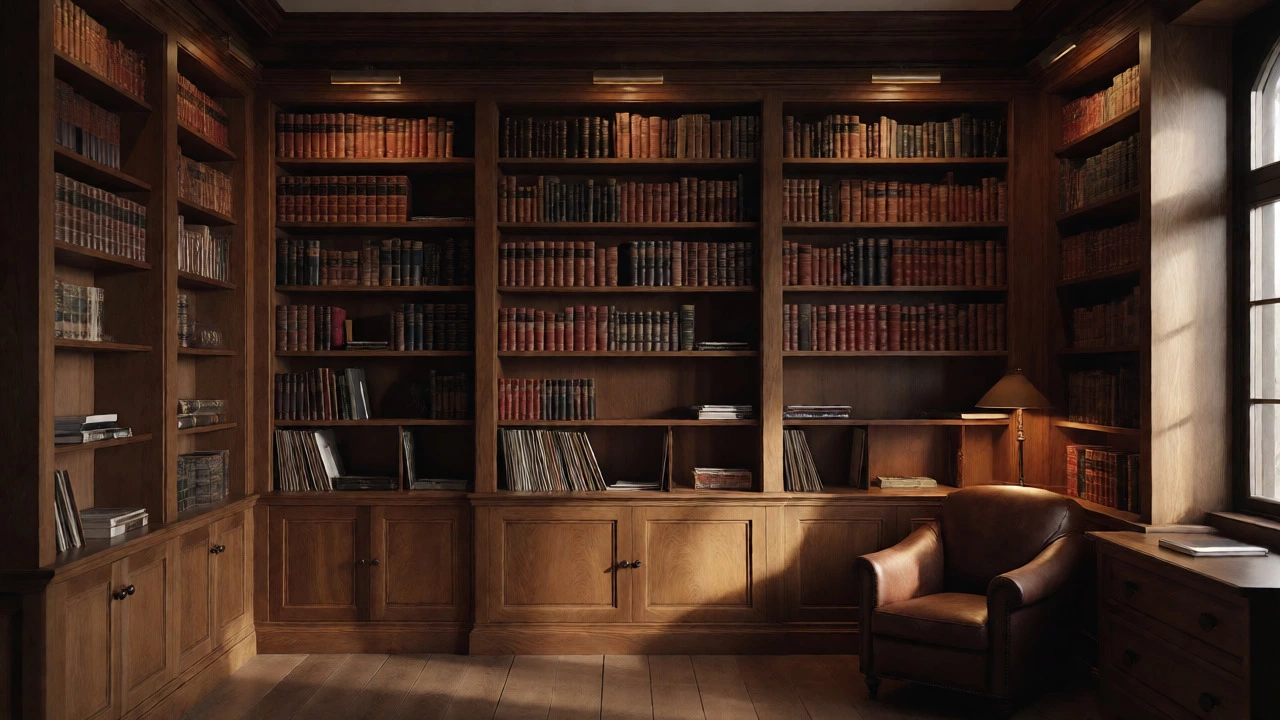 Traditional walnut built-in bookcases in a cozy study