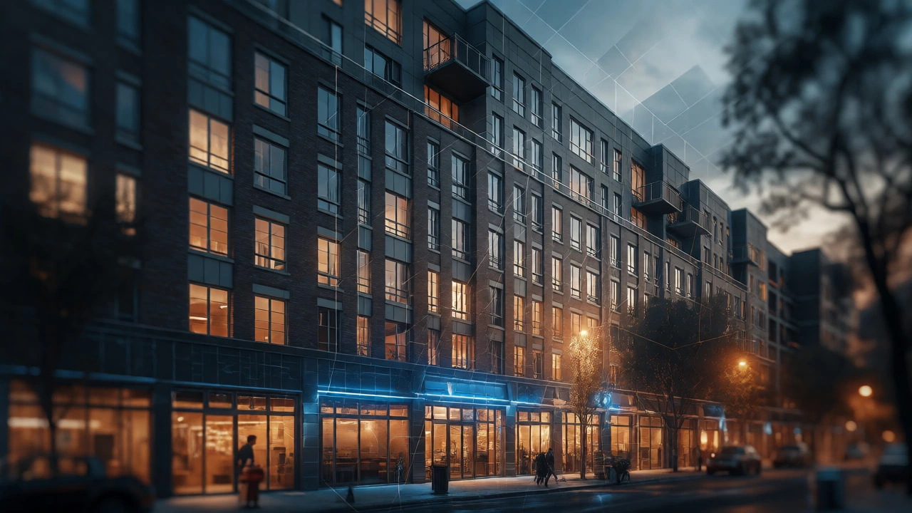 Twilight view of mixed-use building with retail and apartments