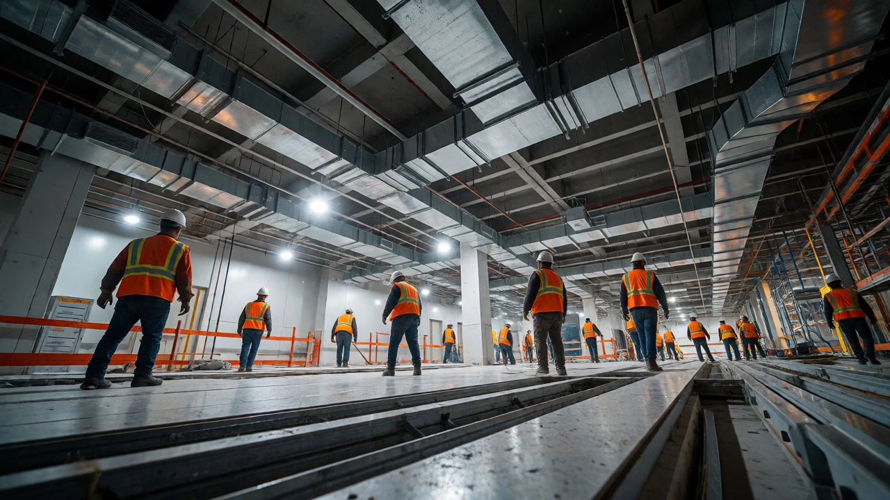 Workers installing industrial flooring and HVAC in commercial site